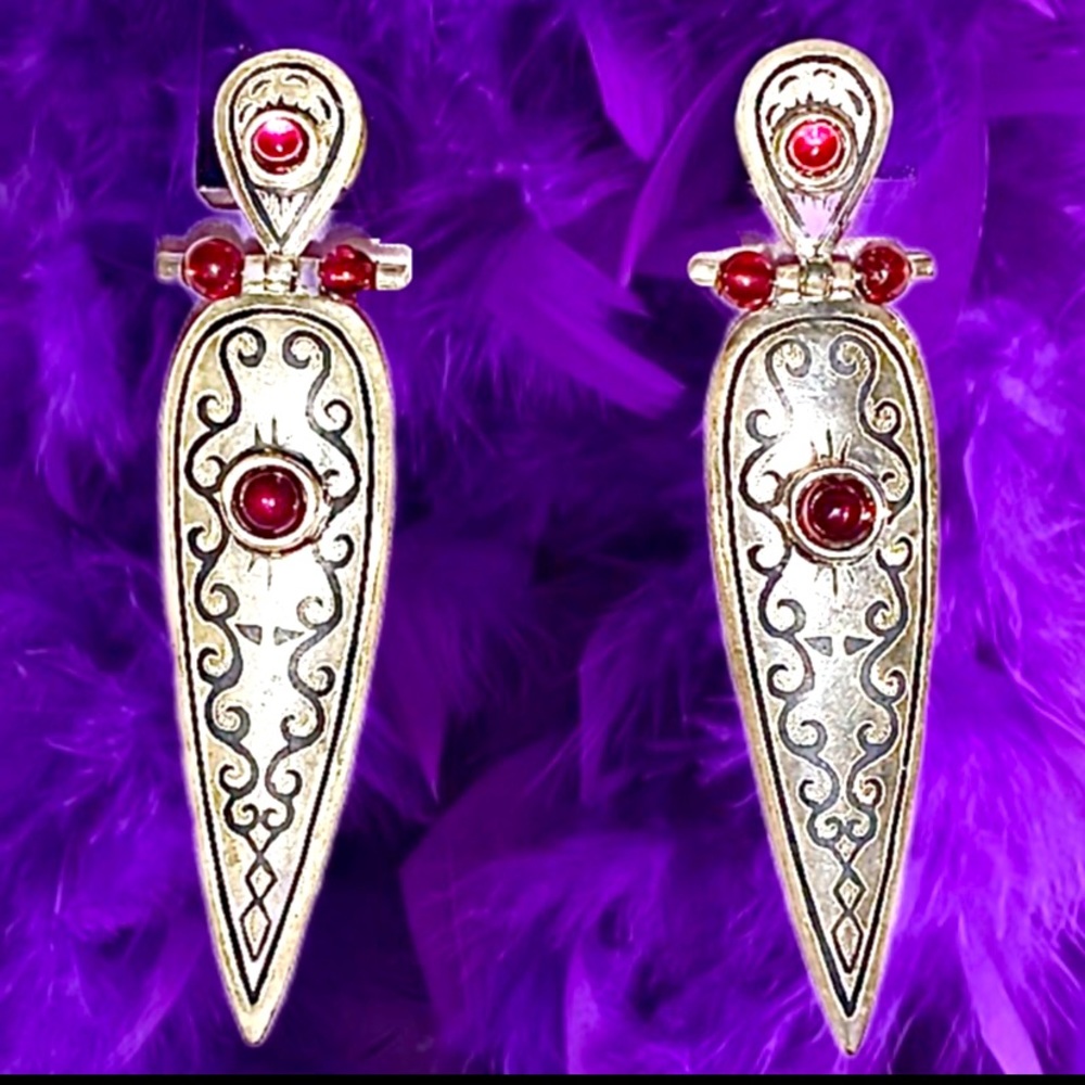 Edgy Garnet & Sterling Silver Shield Earrings
